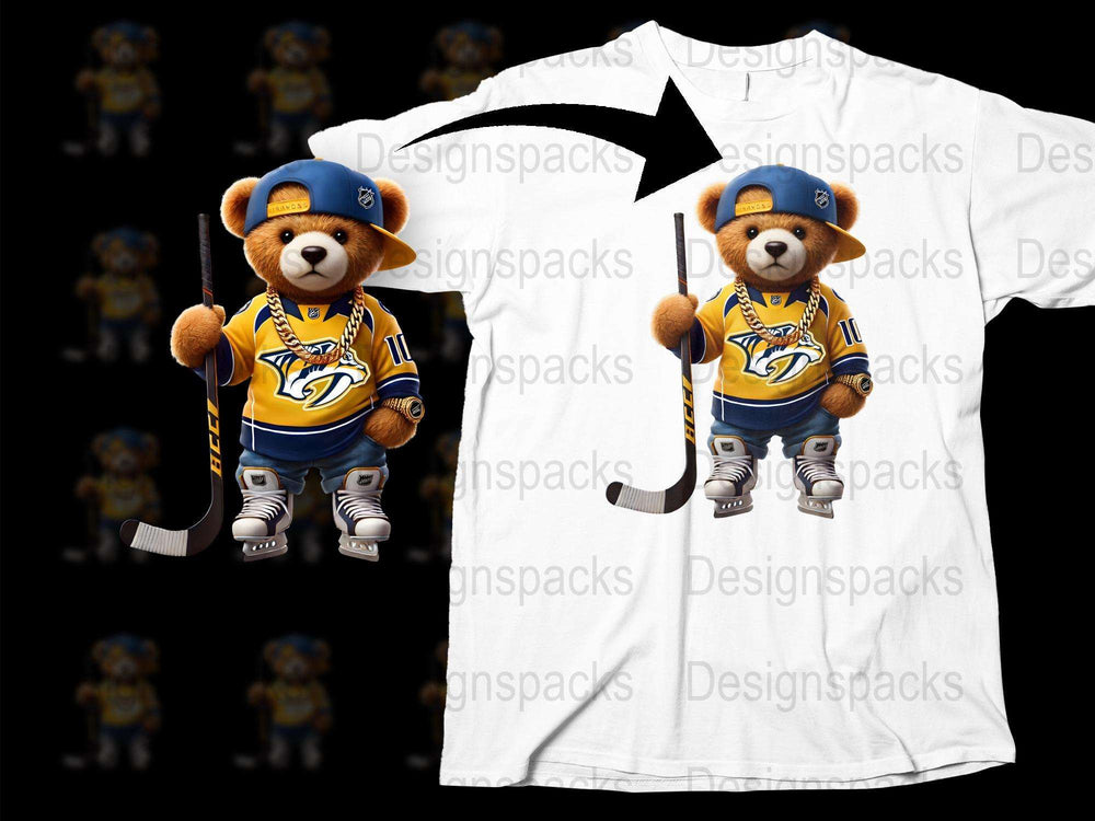 Kids Sports T-Shirt, Cute Teddy Bear Hockey Player, Nashville Team Jersey Design, Youth Athletic Apparel