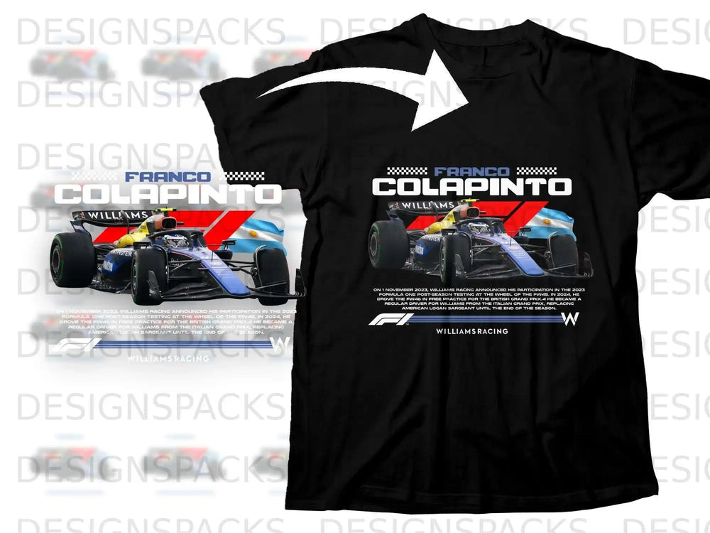 Black t-shirt with blue and white racing car graphic and driver Franco Colapinto text.