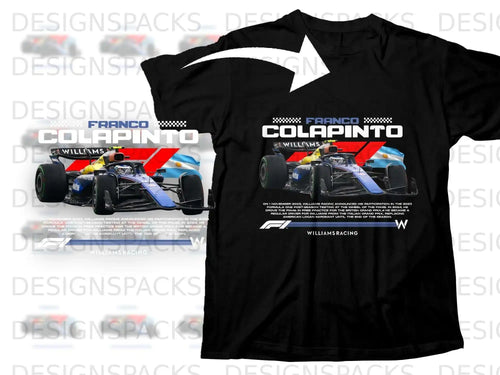 Black t-shirt with blue and white racing car graphic and driver Franco Colapinto text.