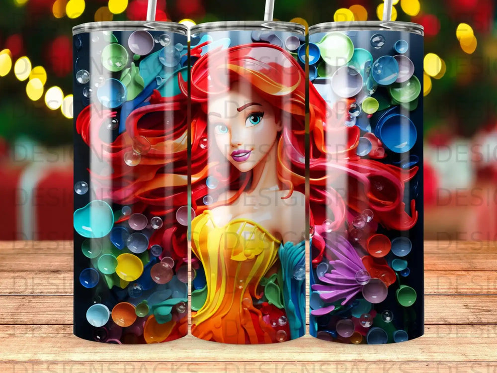 Ariel from The Little Mermaid surrounded by colorful bubbles and sea elements.