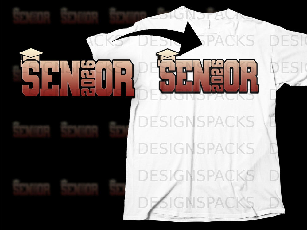 "Senior 2026" text with graduation cap on a white t-shirt.