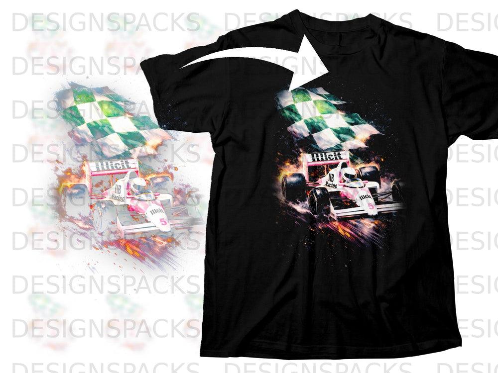 Black t-shirt with racing car, checkered flag, and fire graphic.