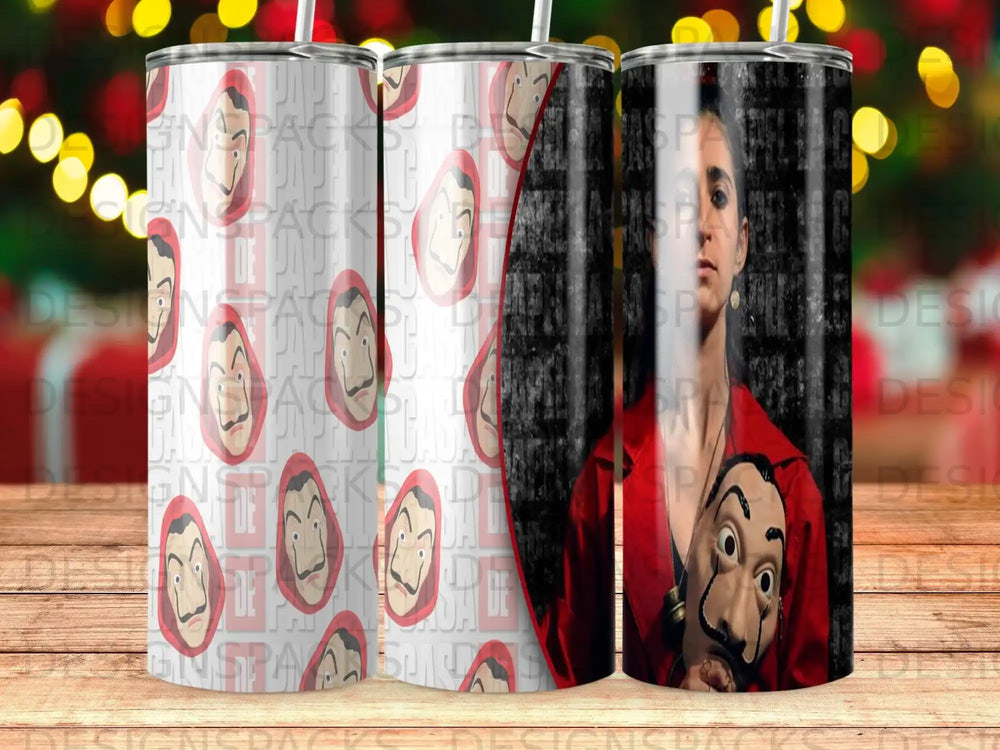 Tumbler featuring Dali mask from Money Heist on red and white striped background.