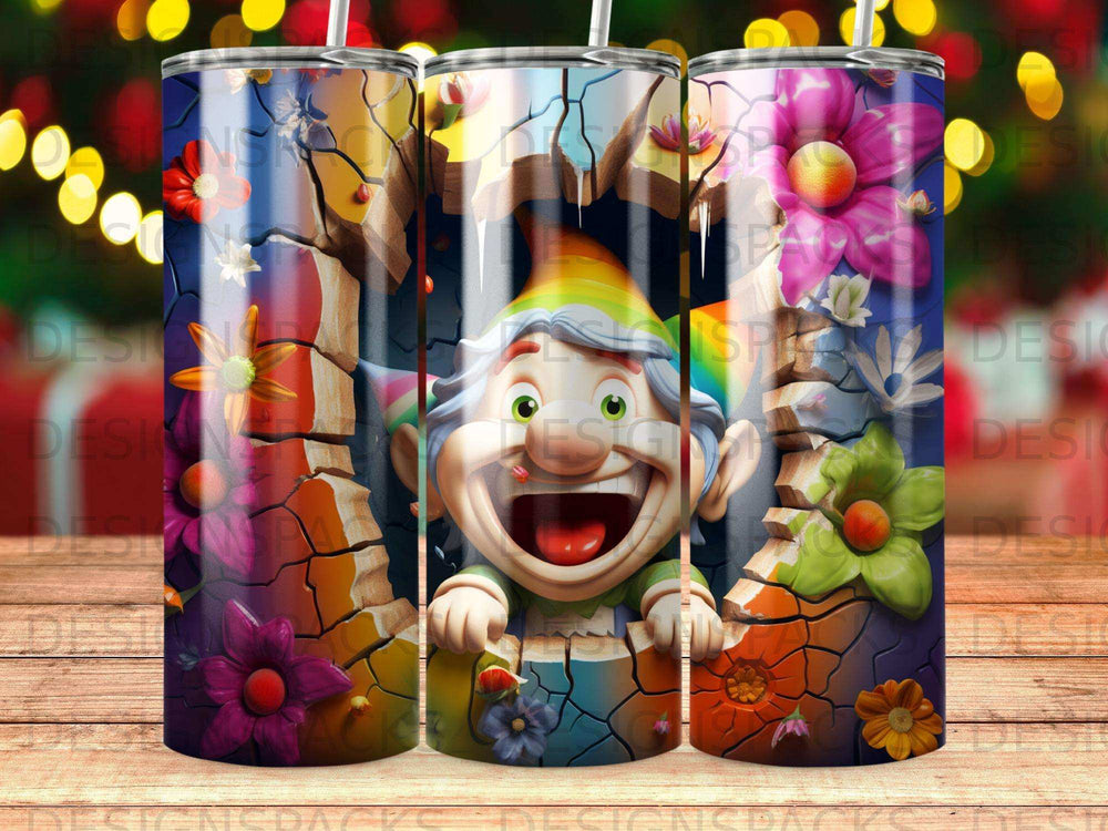 Happy cartoon gnome peeking through cracked wood with colorful flowers.
