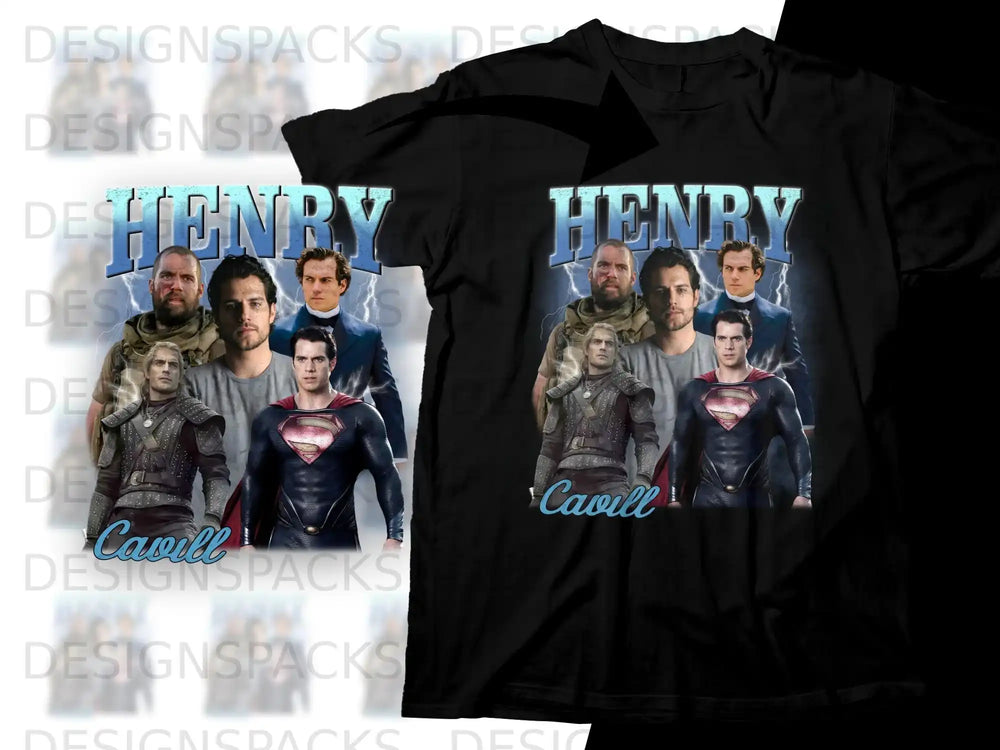Black t-shirt with Superman actor Henry Cavill in multiple poses.