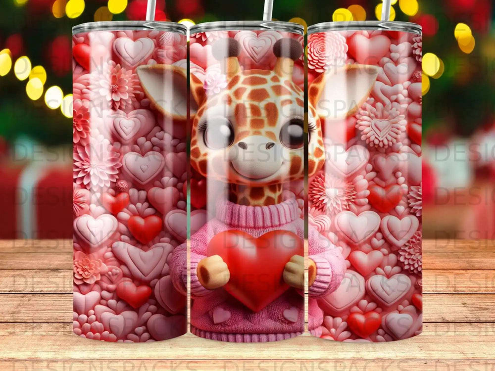 Cartoon giraffe in pink sweater holds red heart against patterned background.