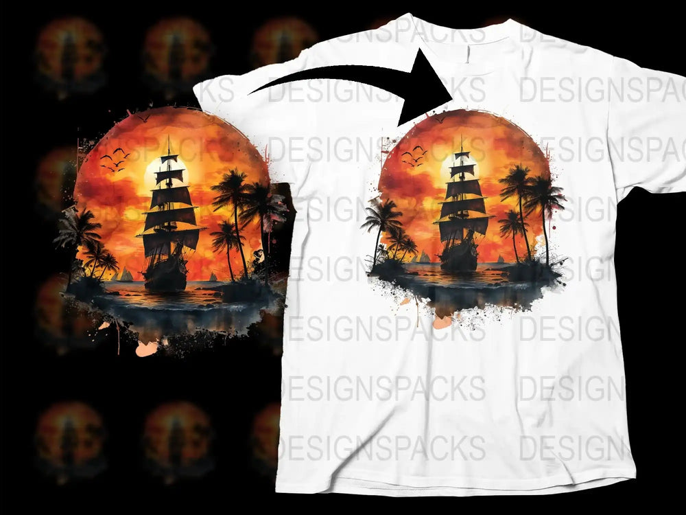 Pirate Ship T-Shirt, Tropical Sunset Graphic Tee, Unisex Pirate Tee, Nautical Summer Shirt