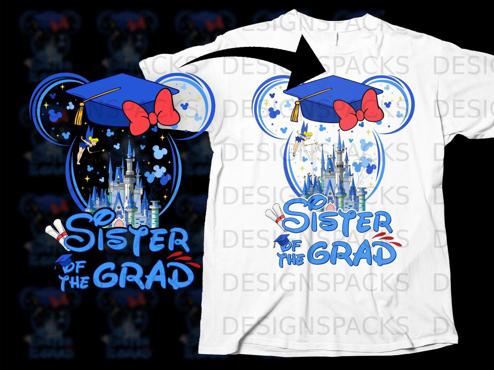 Blue graduation cap and "Sister of the Grad" text with Disney castle and characters.