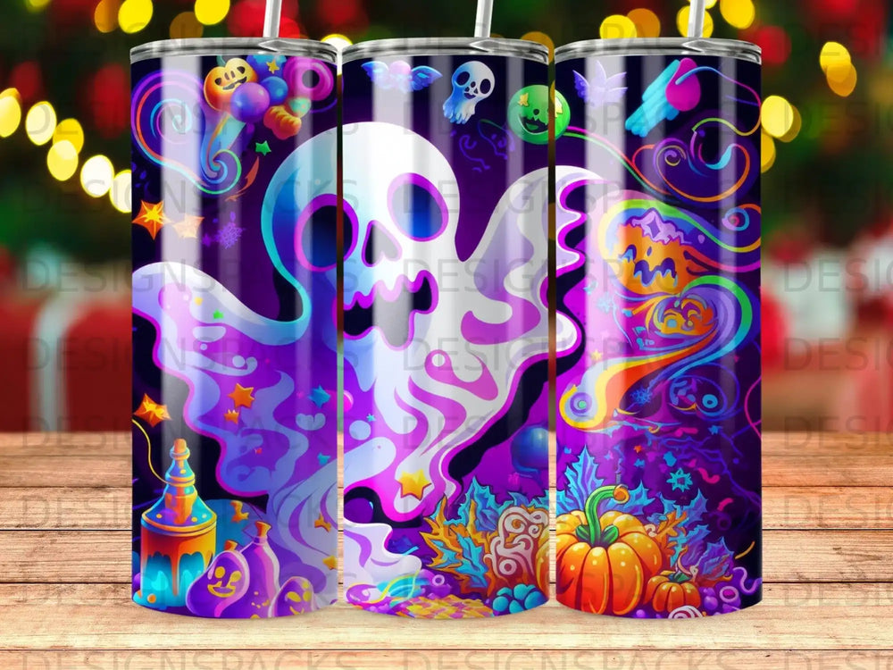 Halloween ghost and pumpkin tumbler design with colorful spooky decorations.