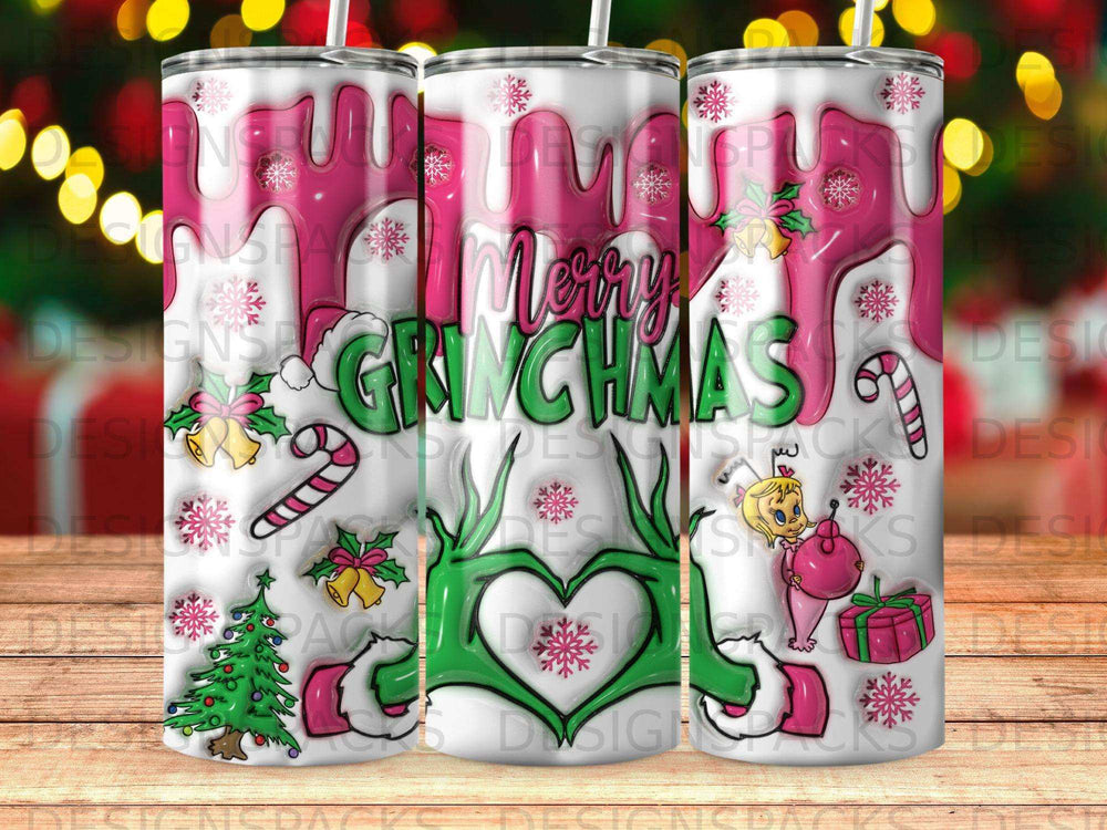 "Merry Grinchmas" text with dripping pink icing, Grinch characters, Christmas tree, and candy canes.