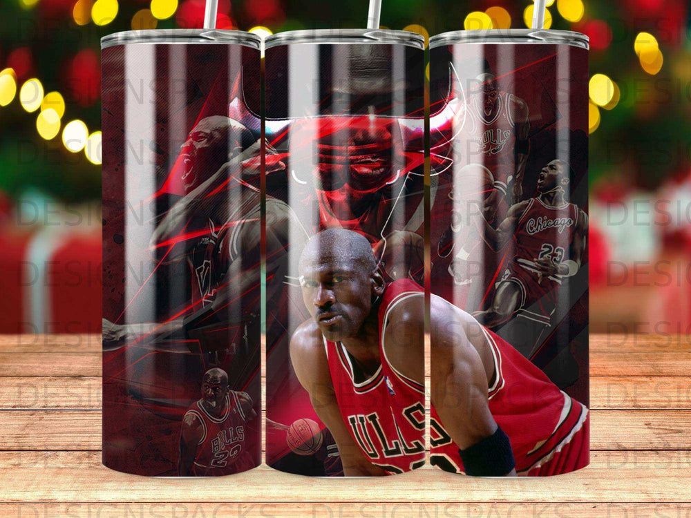 Michael Jordan in a red basketball uniform with Chicago Bulls logo.
