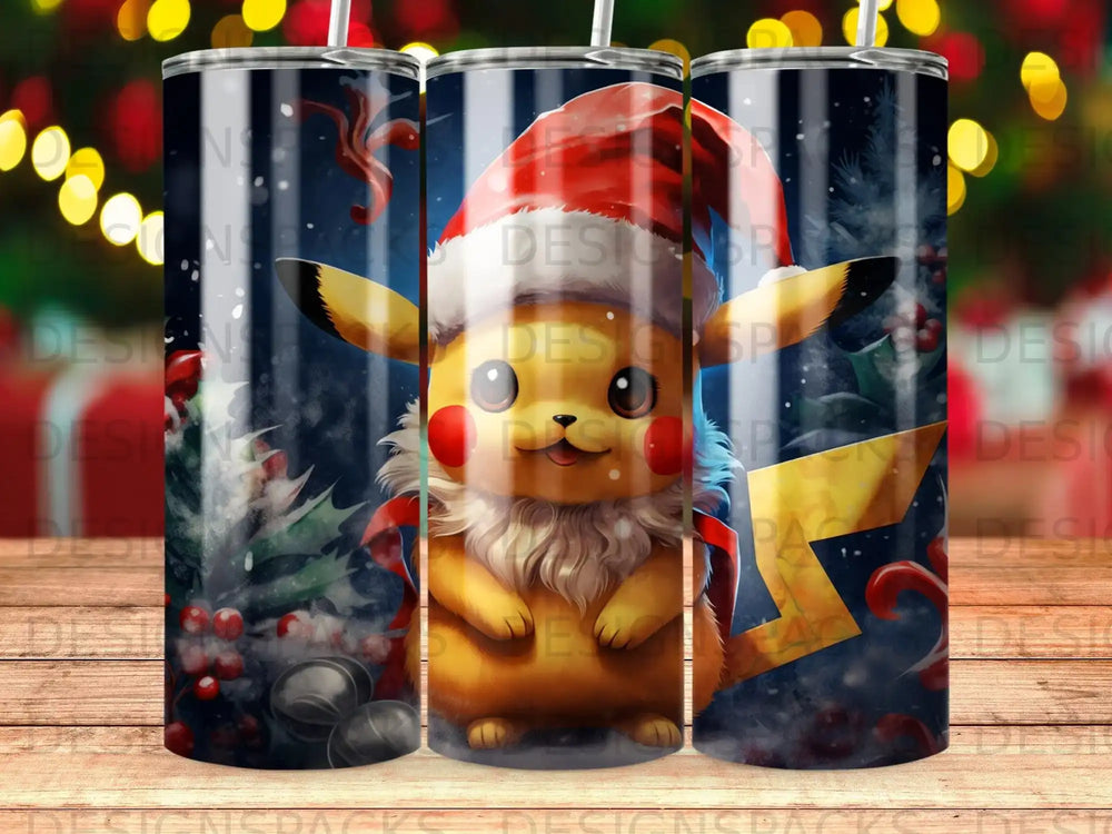 Pikachu in a Santa hat with festive decorations, on a tumbler.