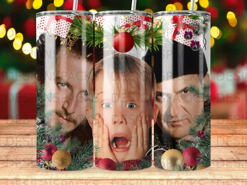 Home Alone movie characters with Christmas ornaments and pine branches.