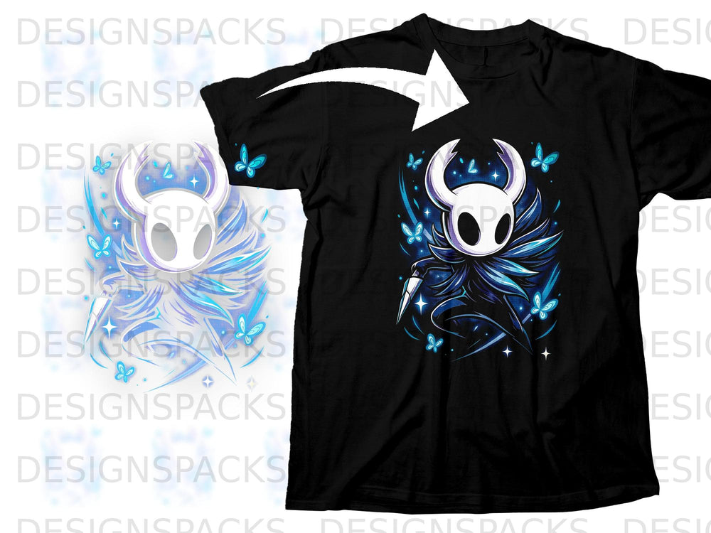 Black t-shirt with white horned character surrounded by blue butterflies and glowing energy.