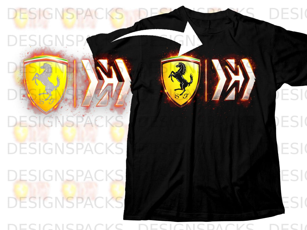 Black t-shirt with Ferrari prancing horse logo and fiery SF emblem.