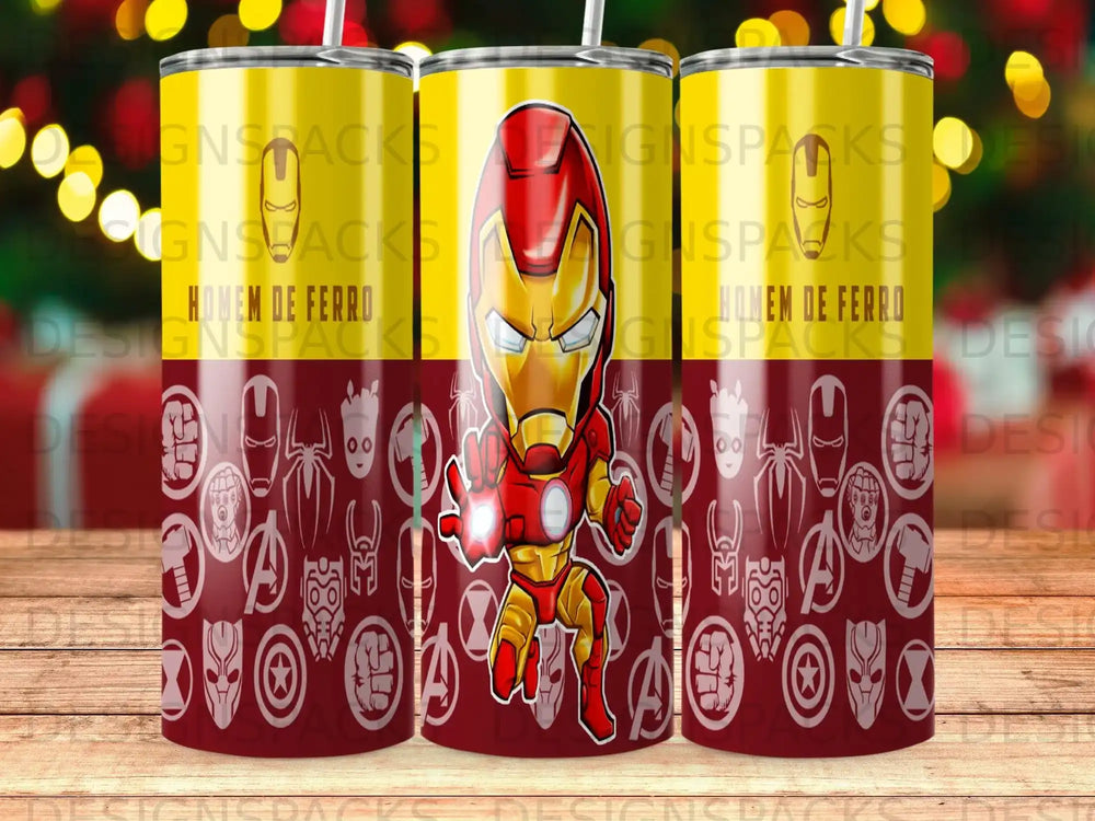 Iron Man figure on tumbler with superhero emblems and "Homem de Ferro" text.