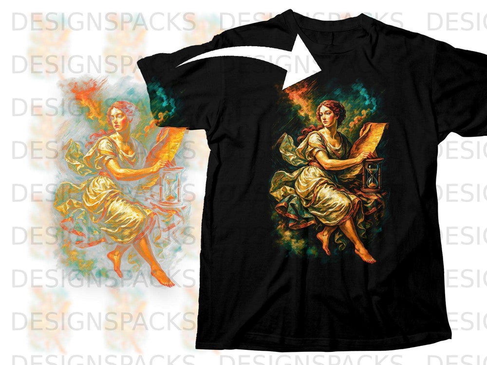 Black t-shirt with art of a woman reading a scroll next to an hourglass.