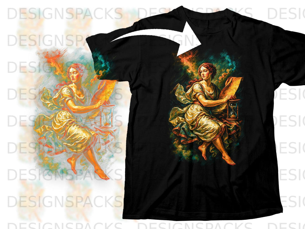 Black t-shirt with art of a woman reading a scroll next to an hourglass.