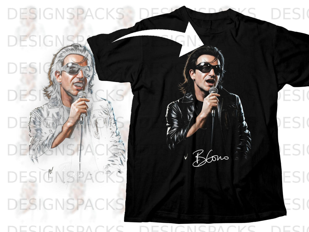 Black t-shirt featuring a stylized illustration of Bono singing into a microphone, with "Bono" signature.