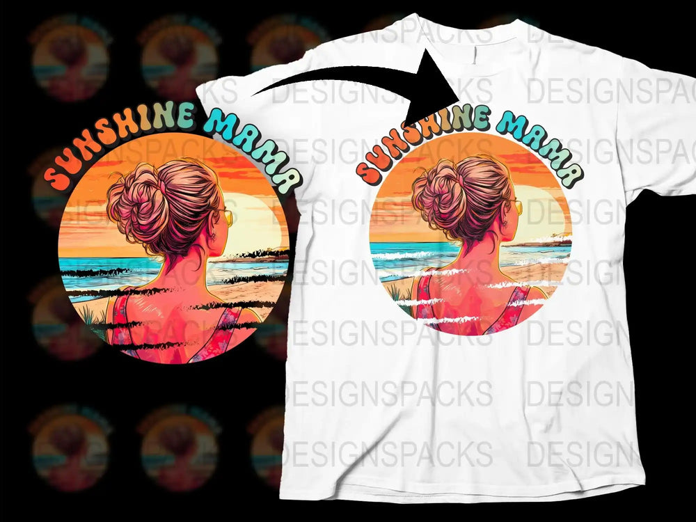 Sunshine Mama Beach T-Shirt, Colorful Sunset Graphic Tee, Women's Summer Casual Top, Coastal Fashion Shirt