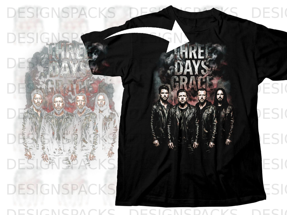 Black t-shirt with "Three Days Grace" text and band members.