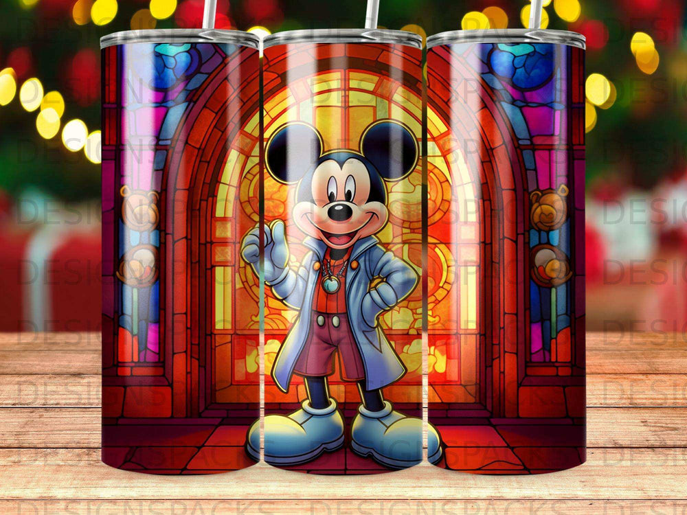 Mickey Mouse in lab coat gives thumbs up in front of stained glass window.
