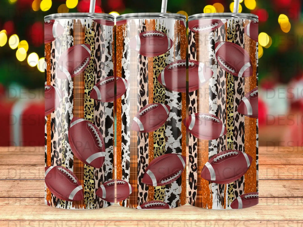 Tumbler with footballs, leopard print, and orange stripes pattern.