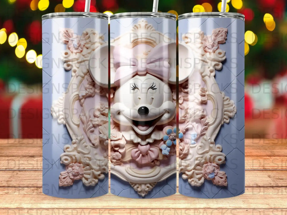 Minnie Mouse adorned with a bow, surrounded by ornate pink and blue floral embellishments.