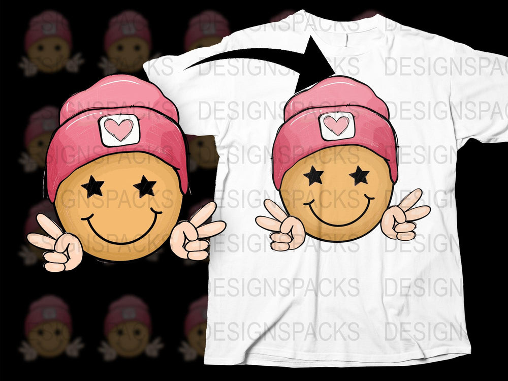 Cute Emoji T-Shirt with Pink Hat and Heart, Unisex Graphic Tee, Casual Wear for All Ages