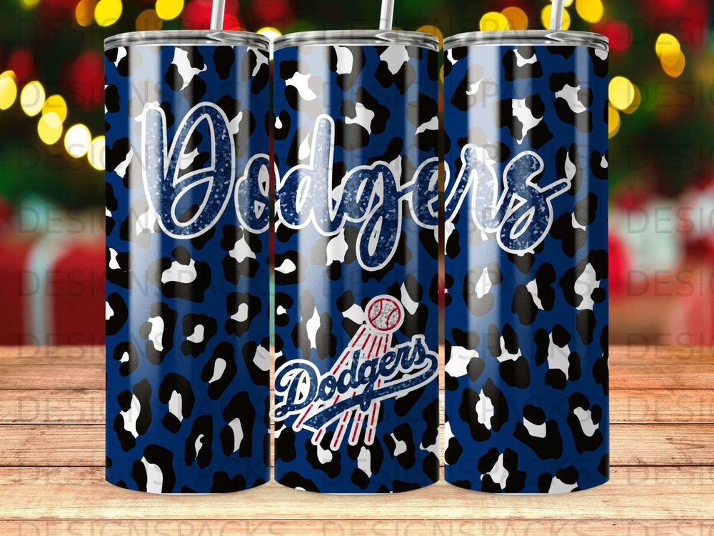 Los Angeles Dodgers tumbler with leopard print and team logo.