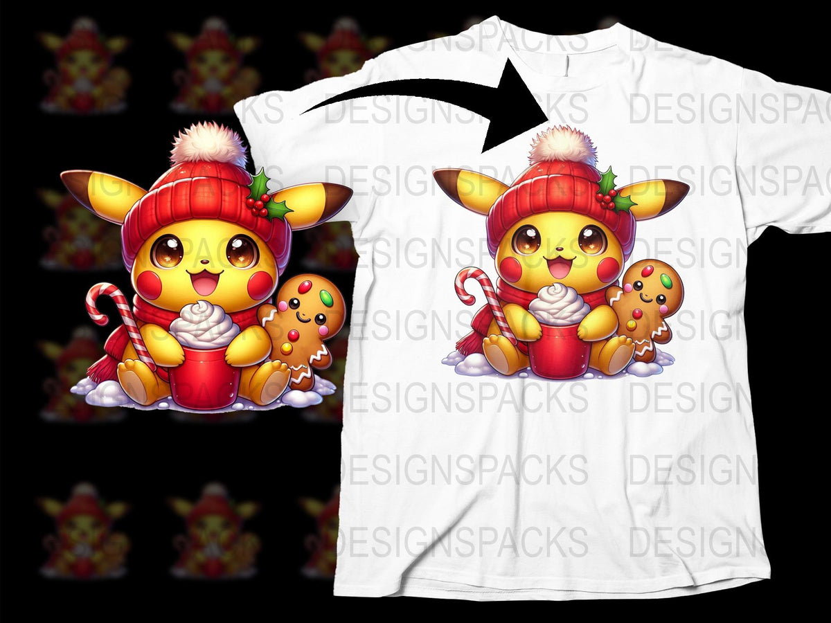 Cute Christmas Pikachu T-Shirt, Kids Holiday Tee, Winter Pokemon Apparel with Candy Cane and Hot Cocoa Design