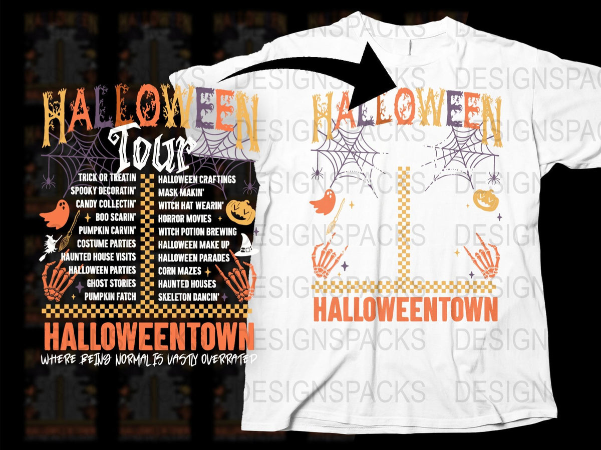 Halloweentown White T-Shirt, Spooky Halloween Tour Graphic Tee, Pumpkin and Ghosts, Fall Festival Apparel