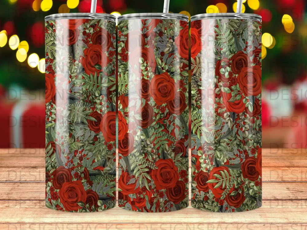 Red roses and green leaves floral pattern on three tumblers.