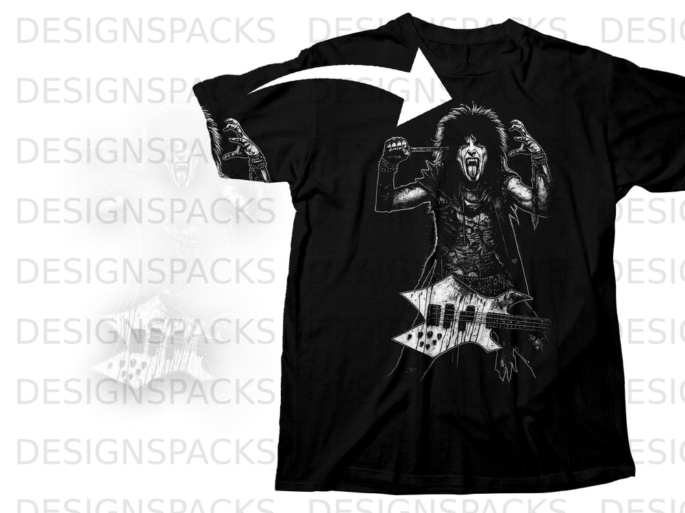 Black t-shirt with a detailed black and white graphic of a punk rock musician with a guitar.
