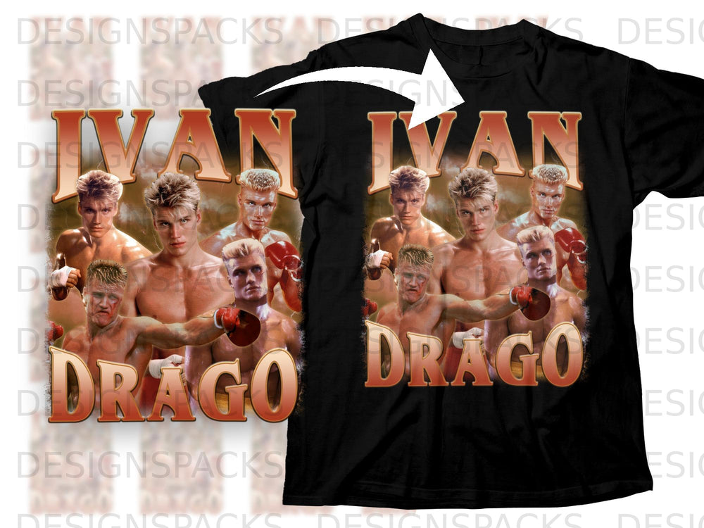 Ivan Drago montage on a black t-shirt.