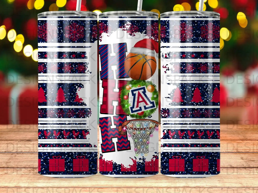 Holiday tumbler with basketball, gifts, and snowflakes.
