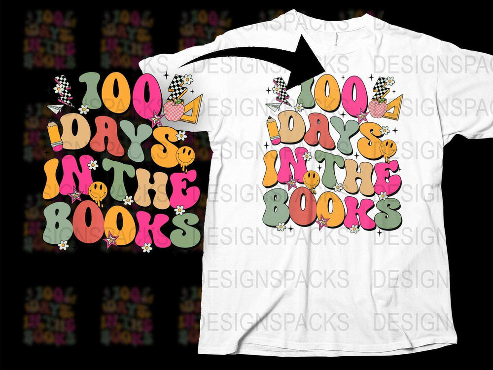 Colorful 100 Days in the Books T-Shirt, Teacher Celebration Tee, Fun Pumpkin and Book Graphics, School Event Shirt