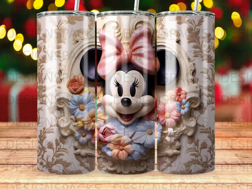 Minnie Mouse wearing a pink bow and blue floral dress, surrounded by ornate scrollwork.
