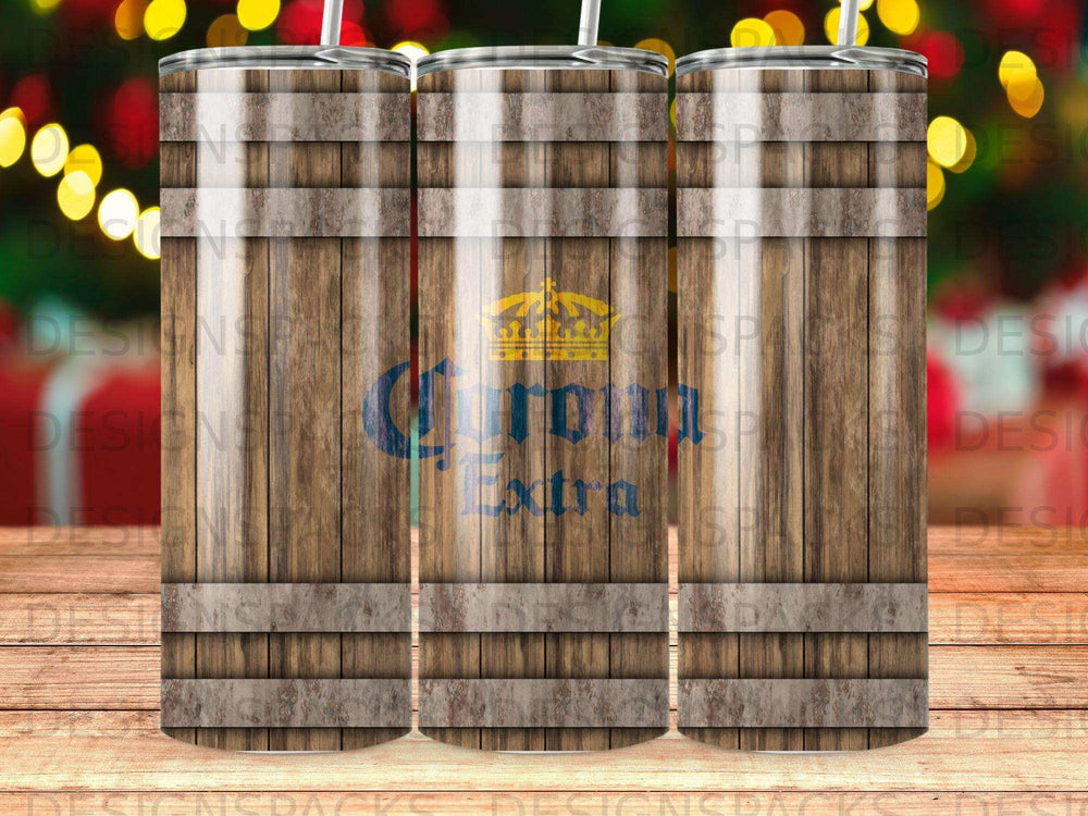 Corona Extra logo on a wood barrel pattern tumbler with straw.