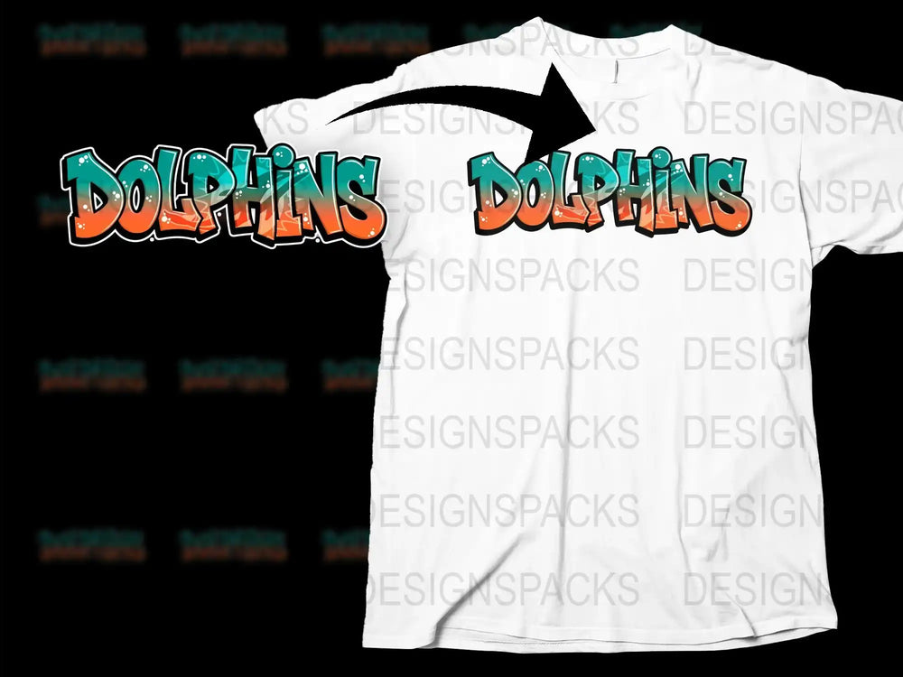 Dolphins Graphic T-Shirt, Bold Orange and Green Text Design, Sports Style Tee