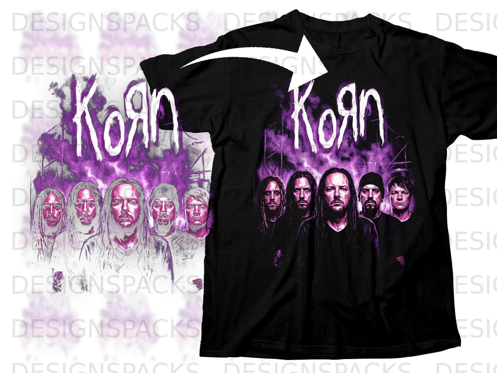 Black t-shirt featuring the band KoRn logo and portraits of band members in purple.
