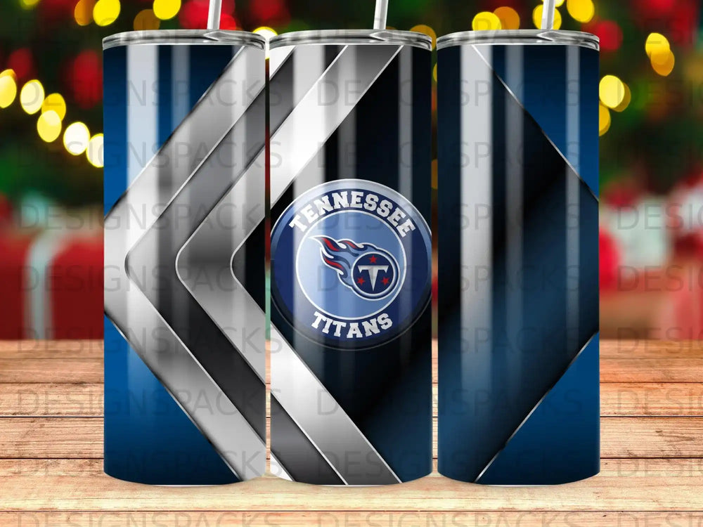 Tennessee Titans logo on a blue and black striped tumbler.