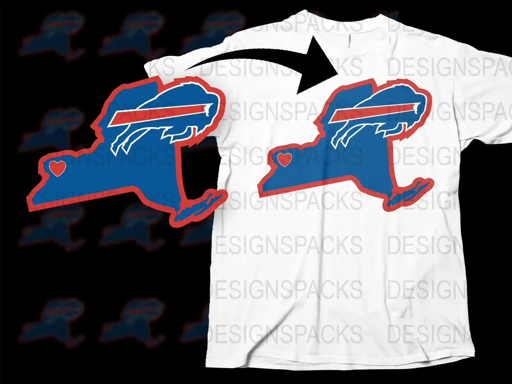 Buffalo Themed T-Shirt with Heart Logo, Blue and Red, Casual Sporty Apparel for Fans