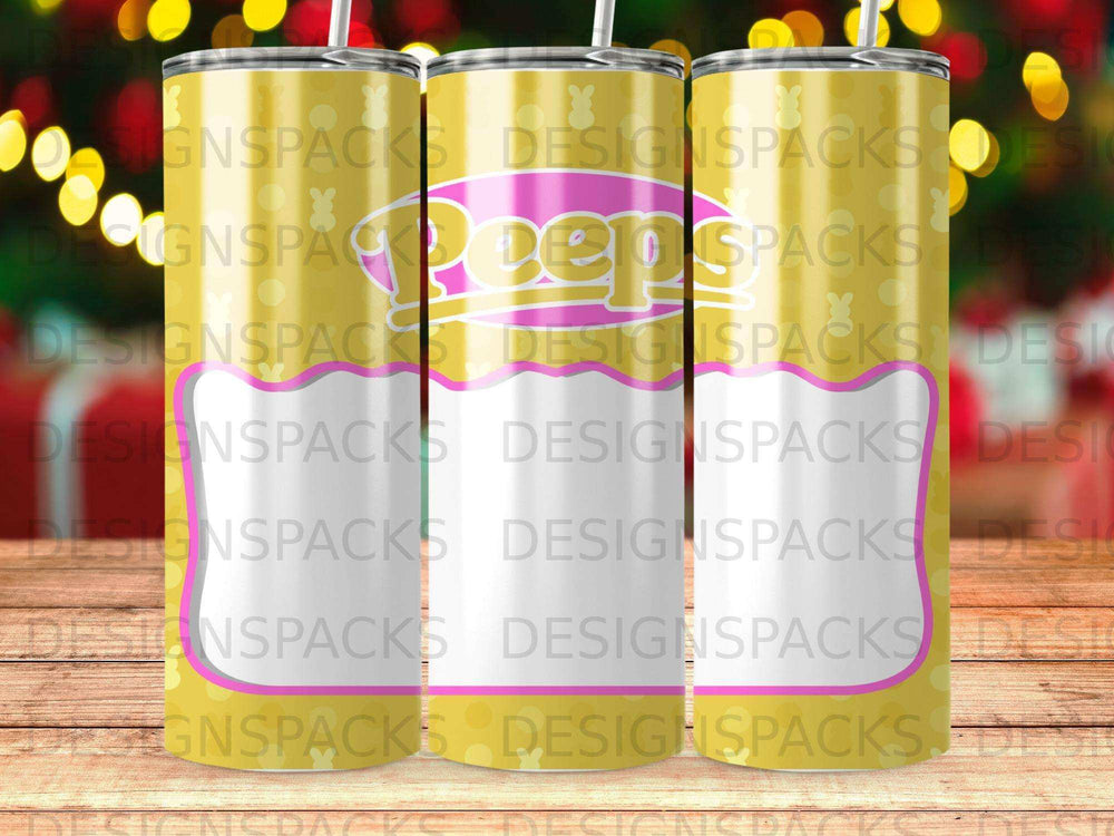 Peeps character design on a yellow and white tumbler.
