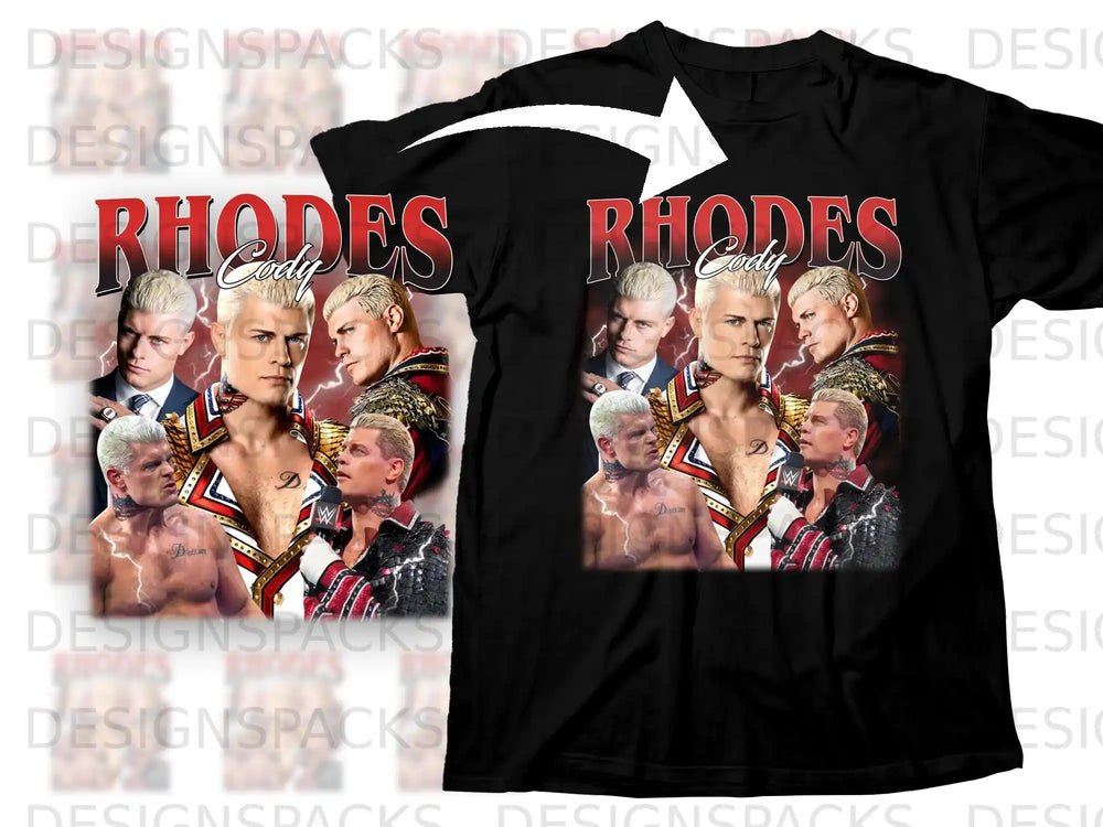 Black t-shirt featuring Cody Rhodes with multiple poses and the text "RHODES".
