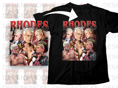 Black t-shirt featuring Cody Rhodes with multiple poses and the text 
