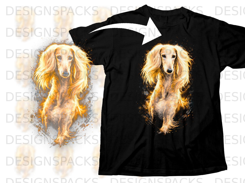 Black t-shirt with a vibrant, fiery illustration of a long-haired dog.