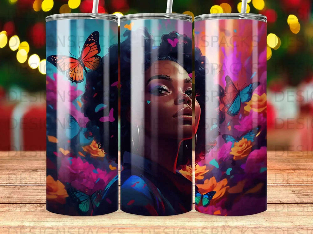 Woman with butterflies and colorful flowers on a tumbler.