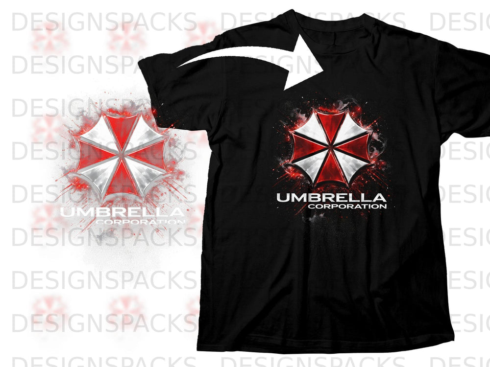 Black t-shirt with a red and white Umbrella Corporation logo and blood splatters.