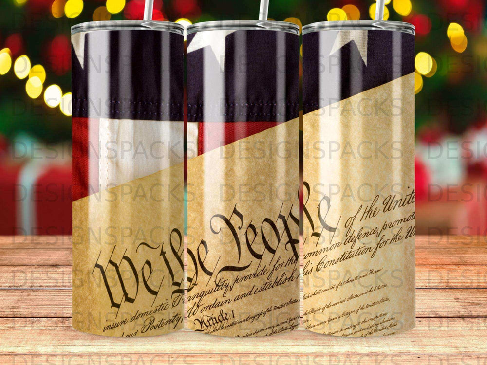 We The People Constitution text overlayed on US flag design.